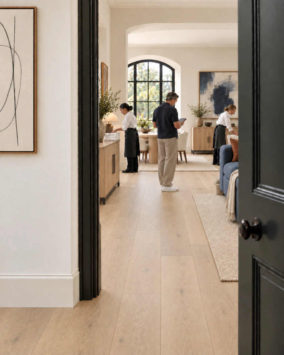 An illustrative private-home scene with a male estate manager and two housekeepers working independently beyond an open doorway