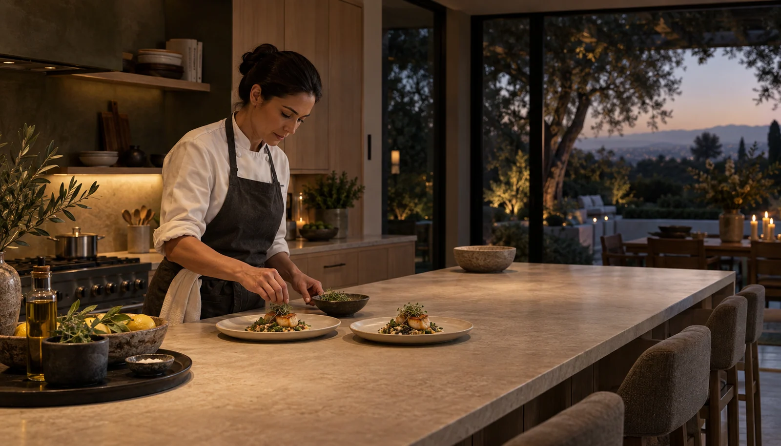 A private chef preparing dishes at an island in a California home